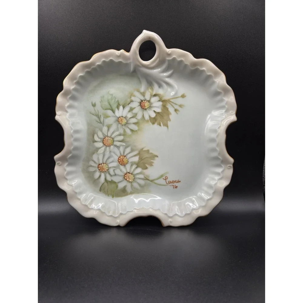 Antique Porcelain Tray Trimmed In Gold Tone, Hand Painted Daisy Scolloped Rim